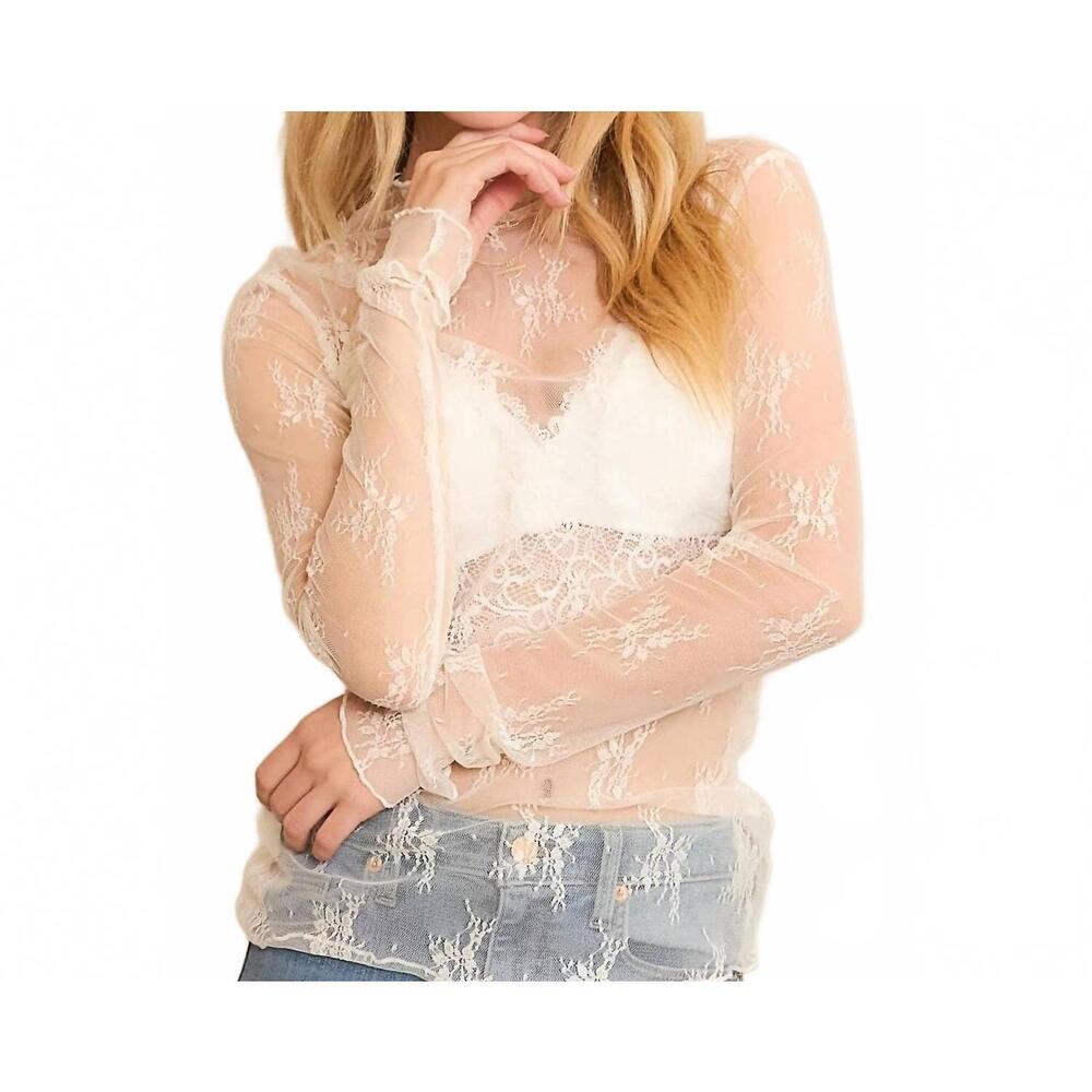NEW SWEET GENERIS mesh lace high neck design long sleeve fitted top - plus in wh
